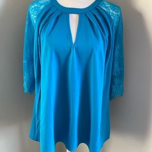 City Chic | Lace Sleeve Top Blue Keyhole Neck Size Small / 16